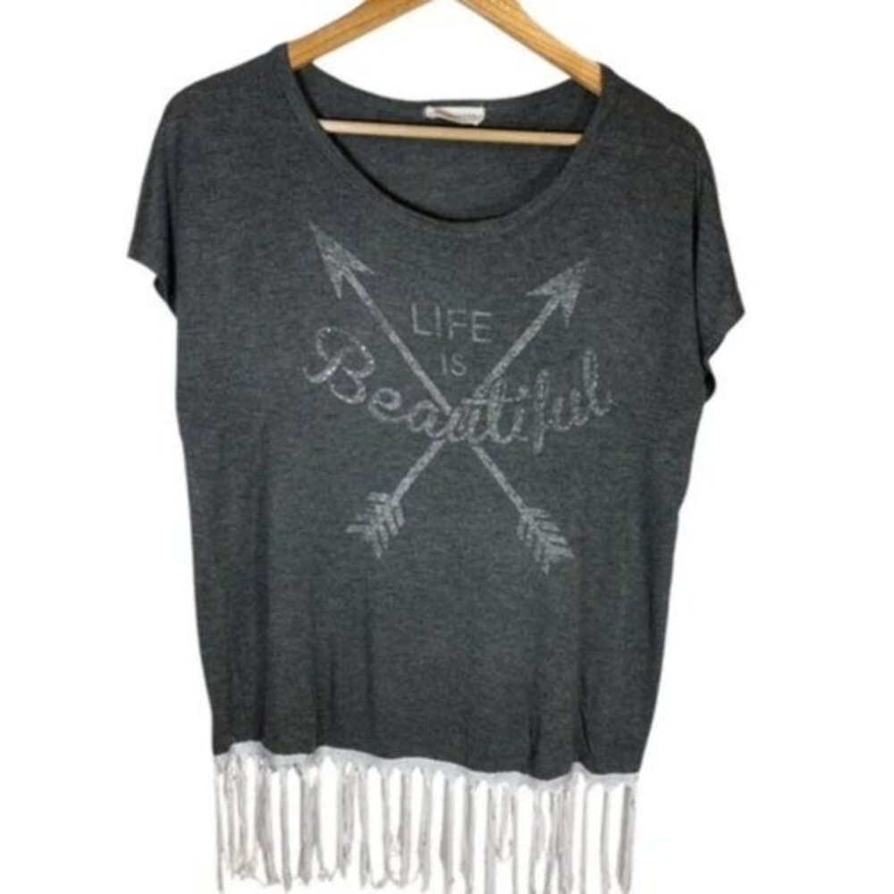 Moonchild Life is Beautiful Graphic Fringe Tee Gray Silver Glitter Large